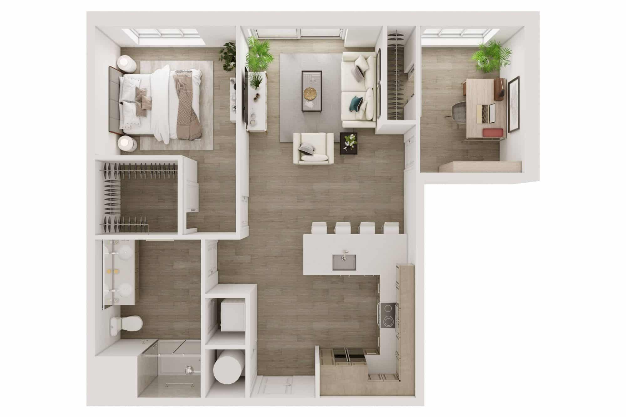 A 3D image of the A4 floorplan, a 867 squarefoot, 1 bed / 1 bath unit