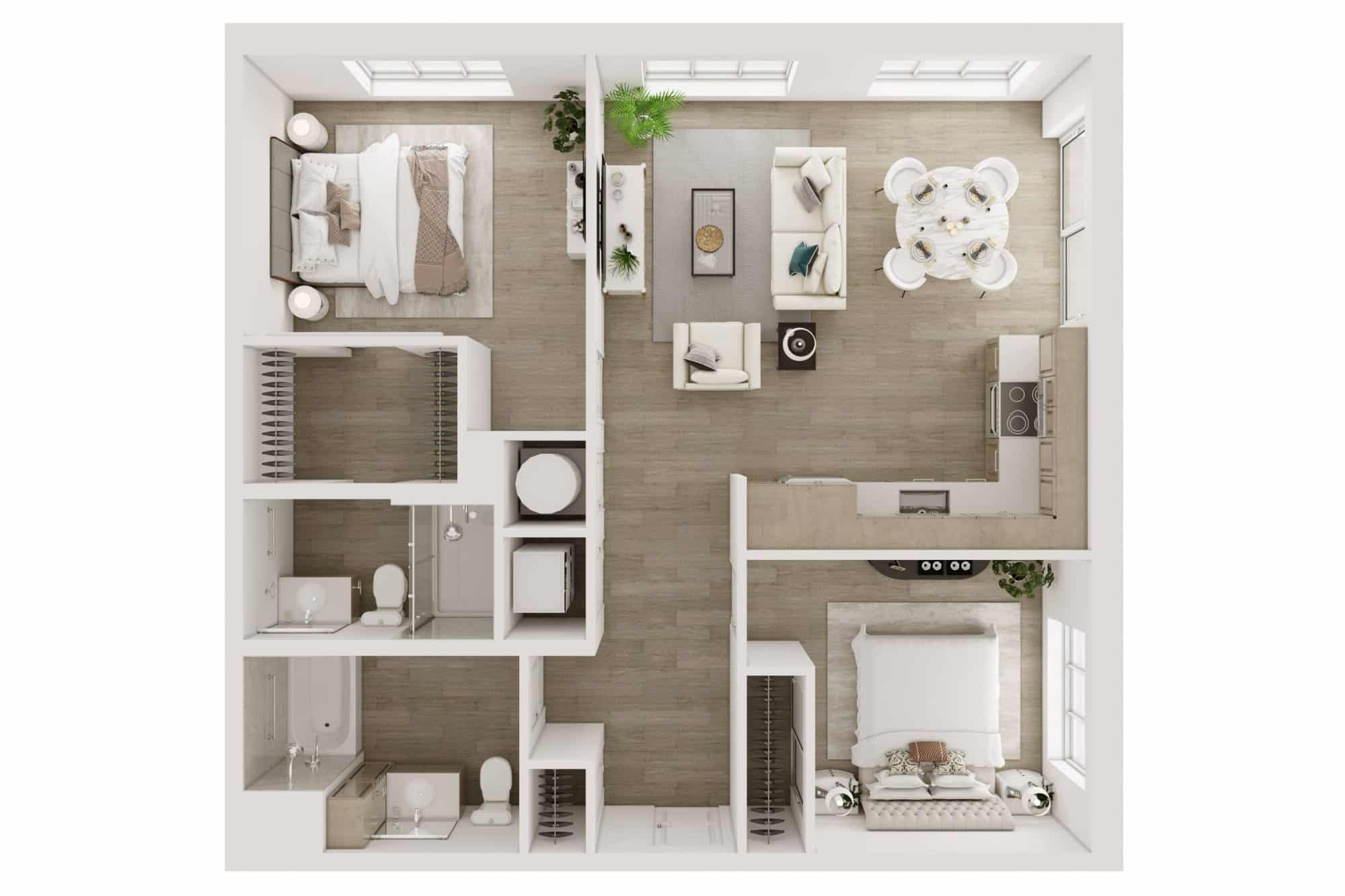 A 3D image of the B1 floorplan, a 945 squarefoot, 2 bed / 2 bath unit