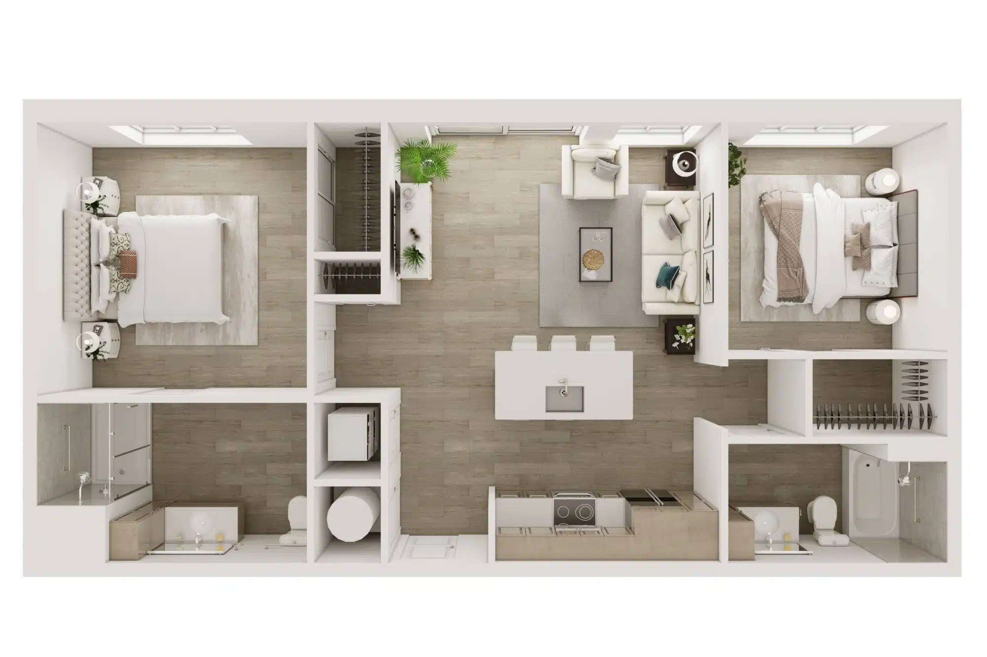 A 3D image of the B2 floorplan, a 957 squarefoot, 2 bed / 2 bath unit