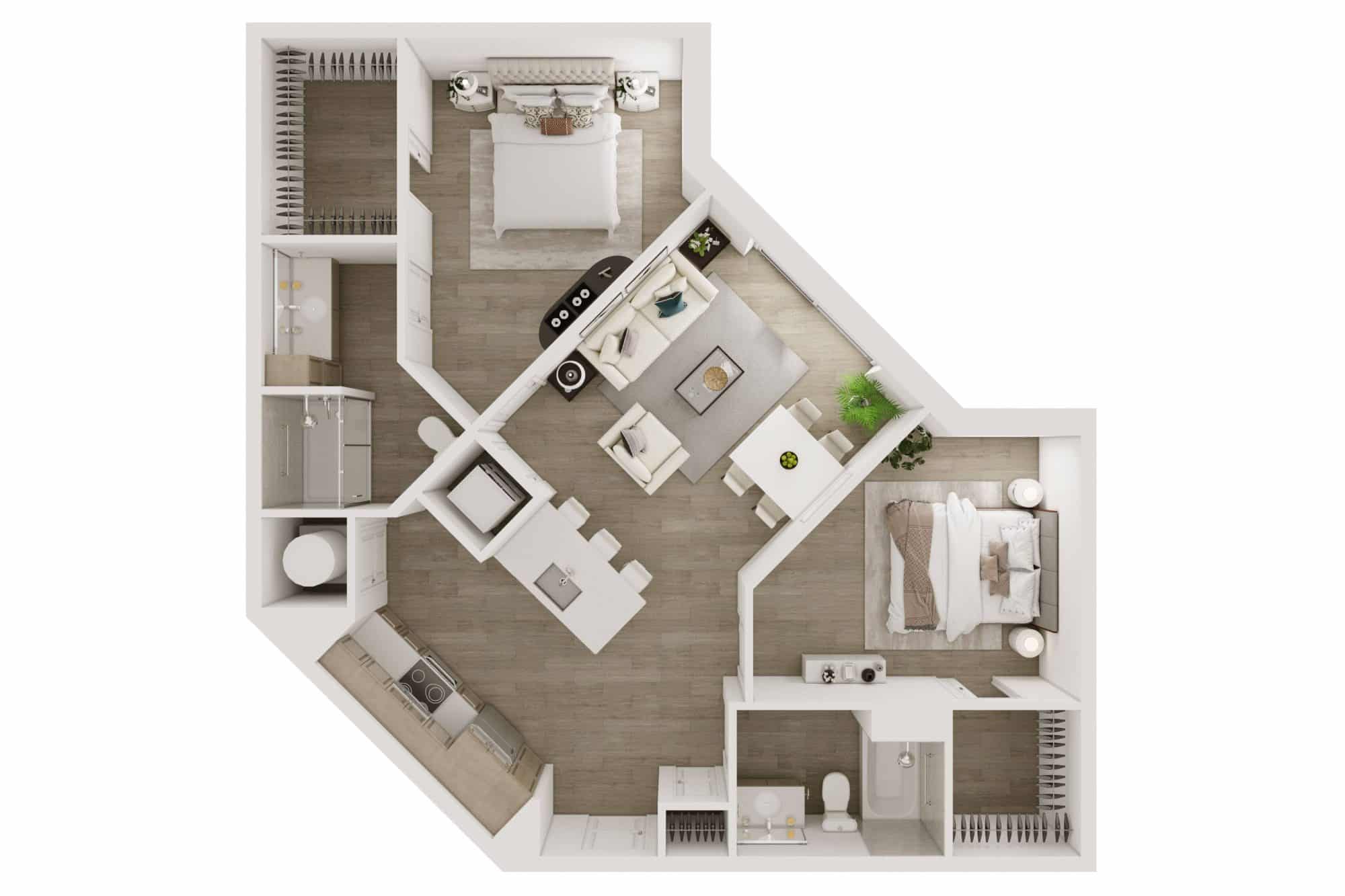 A 3D image of the B3 floorplan, a 956 squarefoot, 2 bed / 2 bath unit