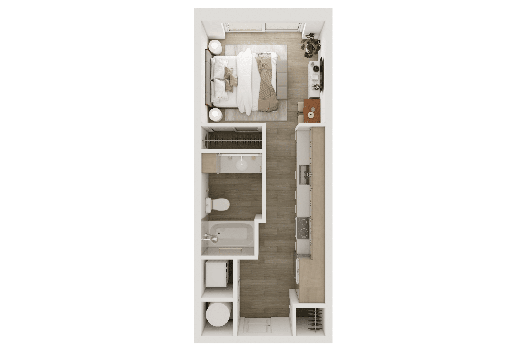 A 3D image of the S1 floorplan, a 360 squarefoot, 0 bed / 1 bath unit