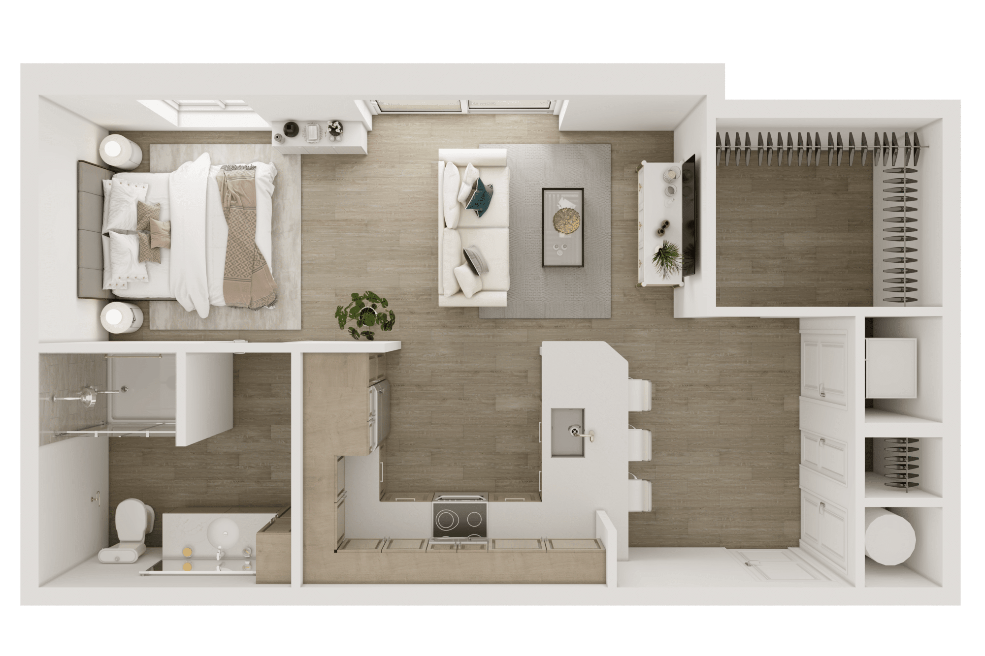 A 3D image of the S2 floorplan, a 600 squarefoot, 0 bed / 1 bath unit