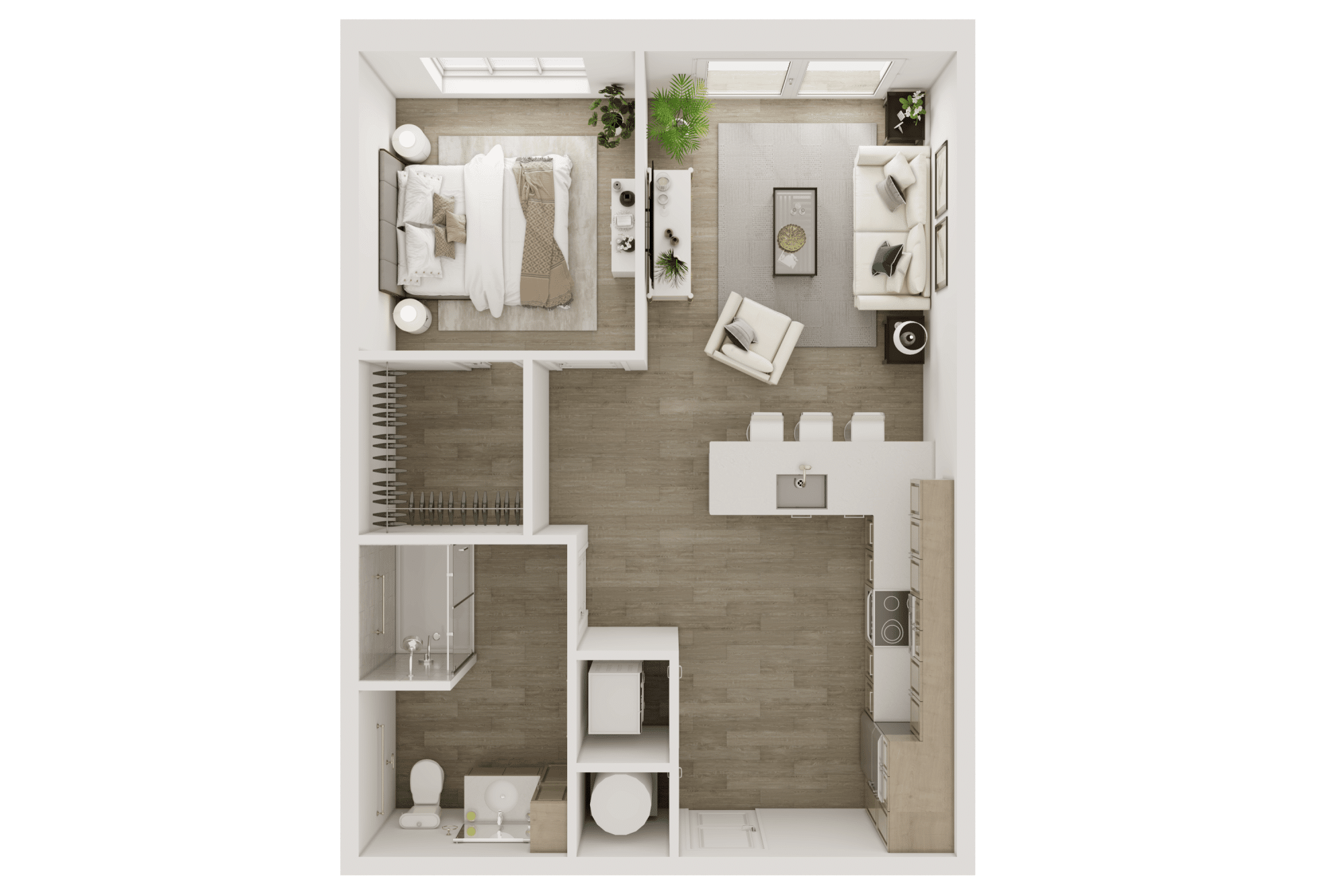 A 3D image of the A1 floorplan, a 660 squarefoot, 1 bed / 1 bath unit