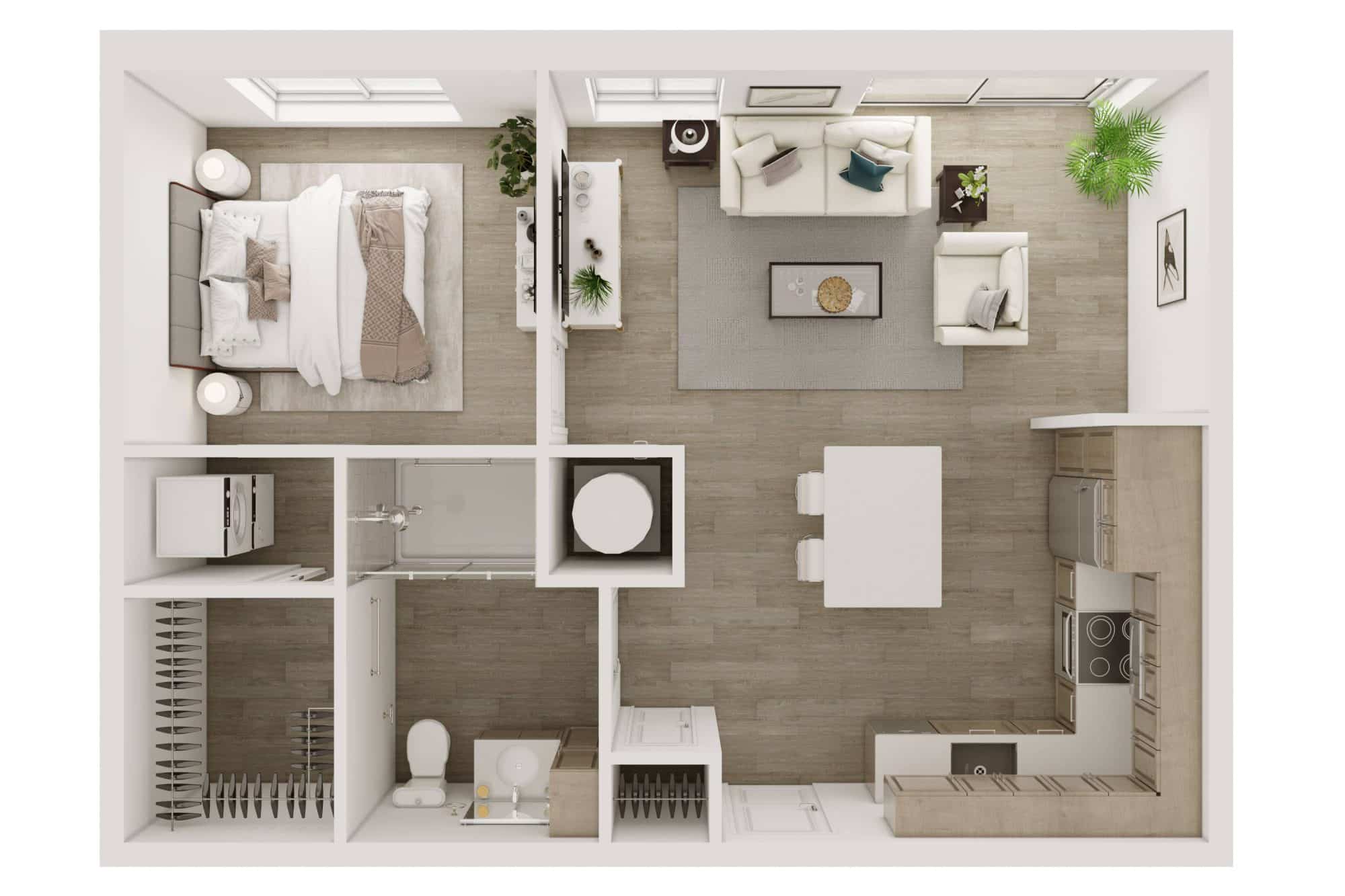 A 3D image of the A2 floorplan, a 660 squarefoot, 1 bed / 1 bath unit