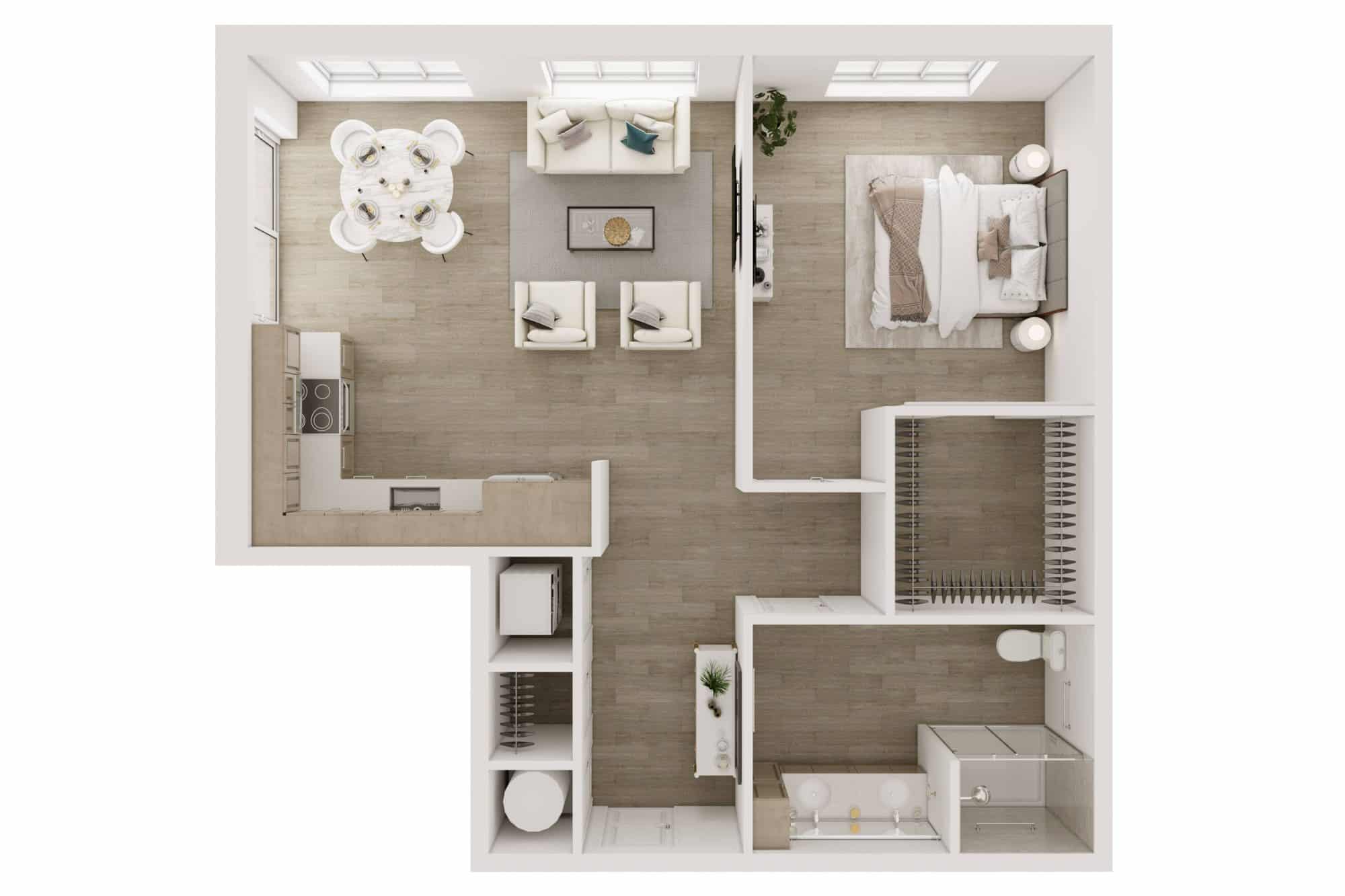 A 3D image of the A3 floorplan, a 852 squarefoot, 1 bed / 1 bath unit