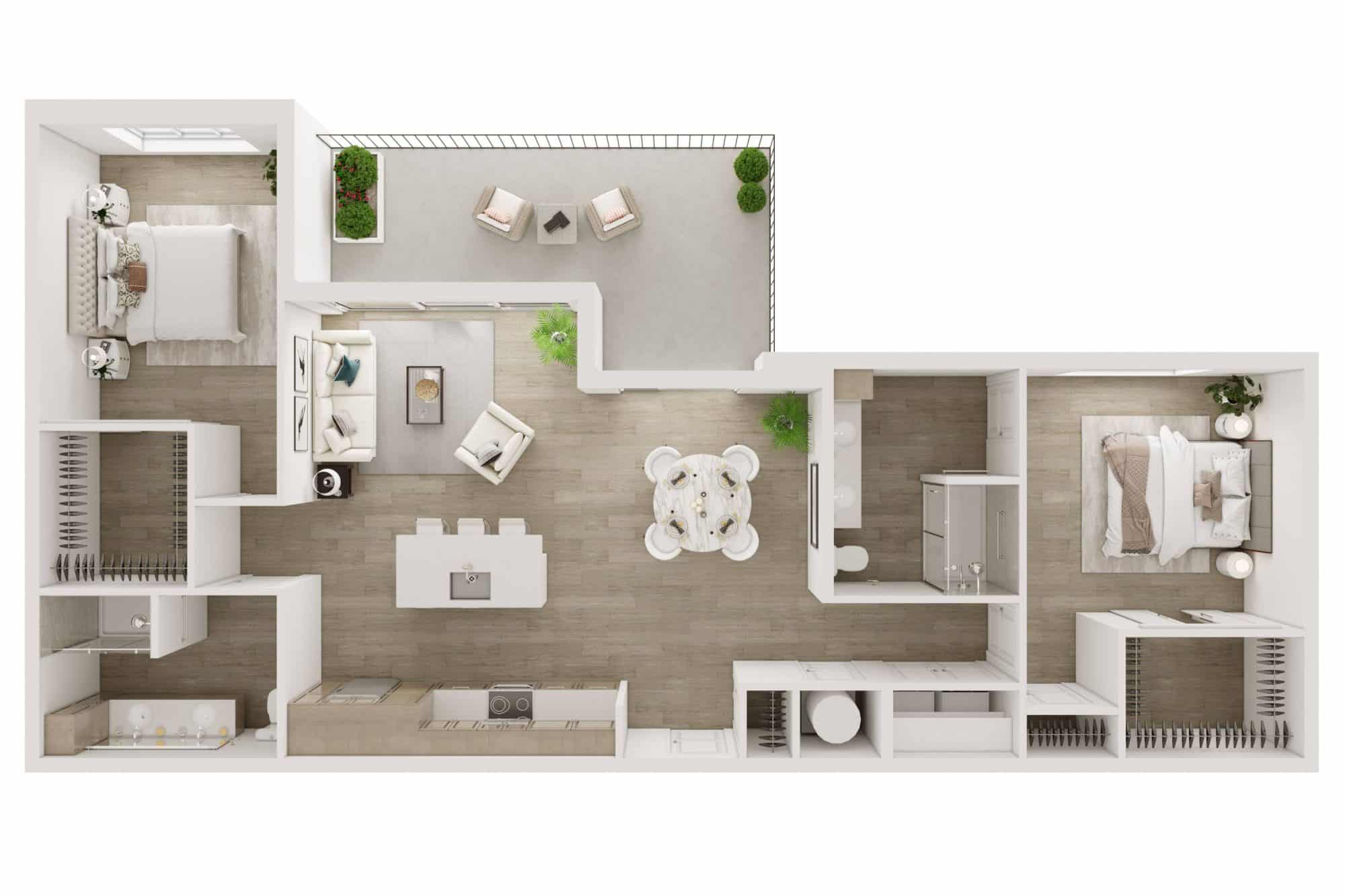 A 3D image of the PHB2 floorplan, a 1270 squarefoot, 2 bed / 2 bath unit